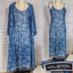 90s Nightgown & Robe Set -Halston- bias cut sheer blue leaf Designer- Designer Lingerie- see through- Midi length Sexy