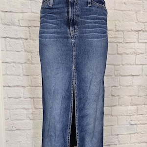 Y2K High Waist Maxi Skirt Raw fray edges. Front slit denim Ankle Length Jean Skirt medium Blue Wash