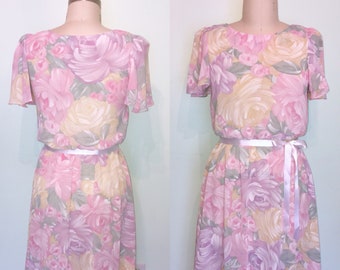 Spring Pastel Floral Dress Pink 80s flutter sleeve Crepe Wedding Guest Cottagecore romantic  Large Plus barbara maitland