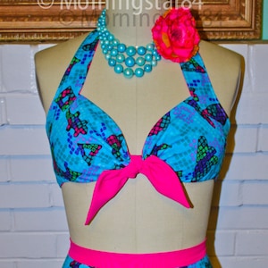 Pinup Sun Suit, Blue Pink Novelty Print 1940s 40s Shorts Beach Pajama Set 50s Halter crop Top Size S Viva Carshow