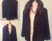 1950s 60s Black Astrakhan Persian Lamb Real Fur Coat 3 4 Sleeves, Brown Mink Collar, Pockets Short Clutch Jacket 1960s 50s Size M to L Large