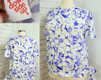 80s Blouse, White purple Floral Top Hip Tie drop waist Party 1980s  vintage retro blouse