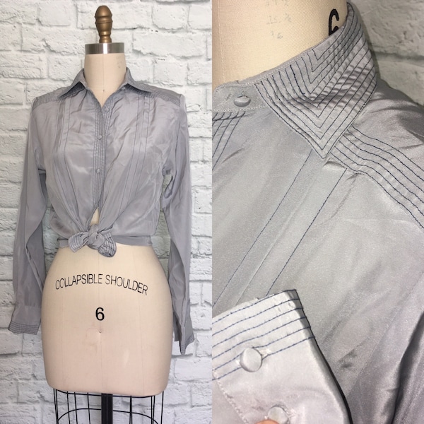 80s/90s Blouse, Top Stitched Detail, professional shirt,  Pleated Button front, Long Sleeve, Secretary shirt size S, MiHang, Vintage retro