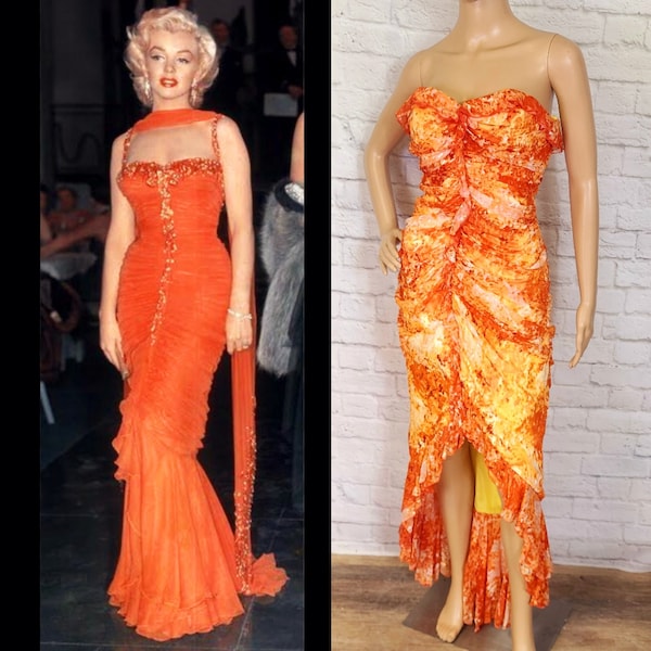 Y2K/90er Oranges Ballkleid, Marilyn Monroe, 90er bis 50er Jahre, High Low Rock, Hollywood Glam Größe 10 M Fire Flame trägerlos