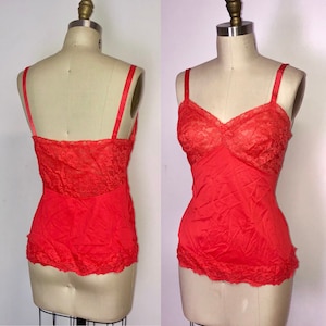 60s Red Camisole Top Nylon Lace Nylon slip tank - Size S/M 36 Valentines Day  Coquette