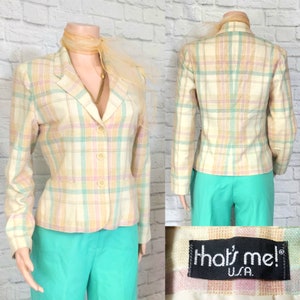 70s Pastel Plaid Blazer Ivory Mint Green pink Peach Plaid Wool blend Secretary Light Academia Twee