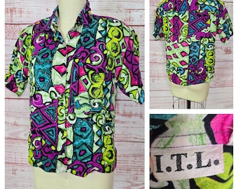 80s beaded camp shirt, rayon Blue pink green purple abstract short sleeves size M vintage retro blouse