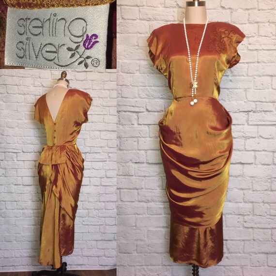 80s does 40s Dress Gold Burgundy shiny Drape Fisht