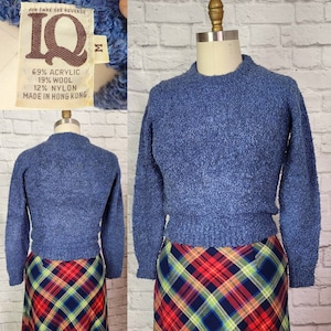 Vintage 60s/70s Sweater, Mod Blue Curly Yarn, crew neck, fitted style, wool blend, snug tight fit,