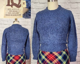 Vintage 60s/70s Sweater, Mod Blue Curly Yarn, crew neck, fitted style, wool blend, snug tight fit,