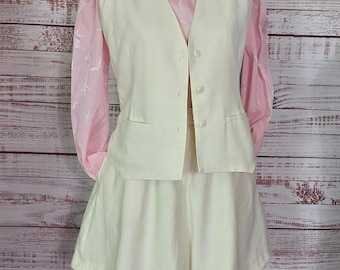 1970s Vest Mini Skirt Suit Set, Ivory Light Academia, Jantzen, vintage Retro Suit, Elastic Waist Aline Skirt