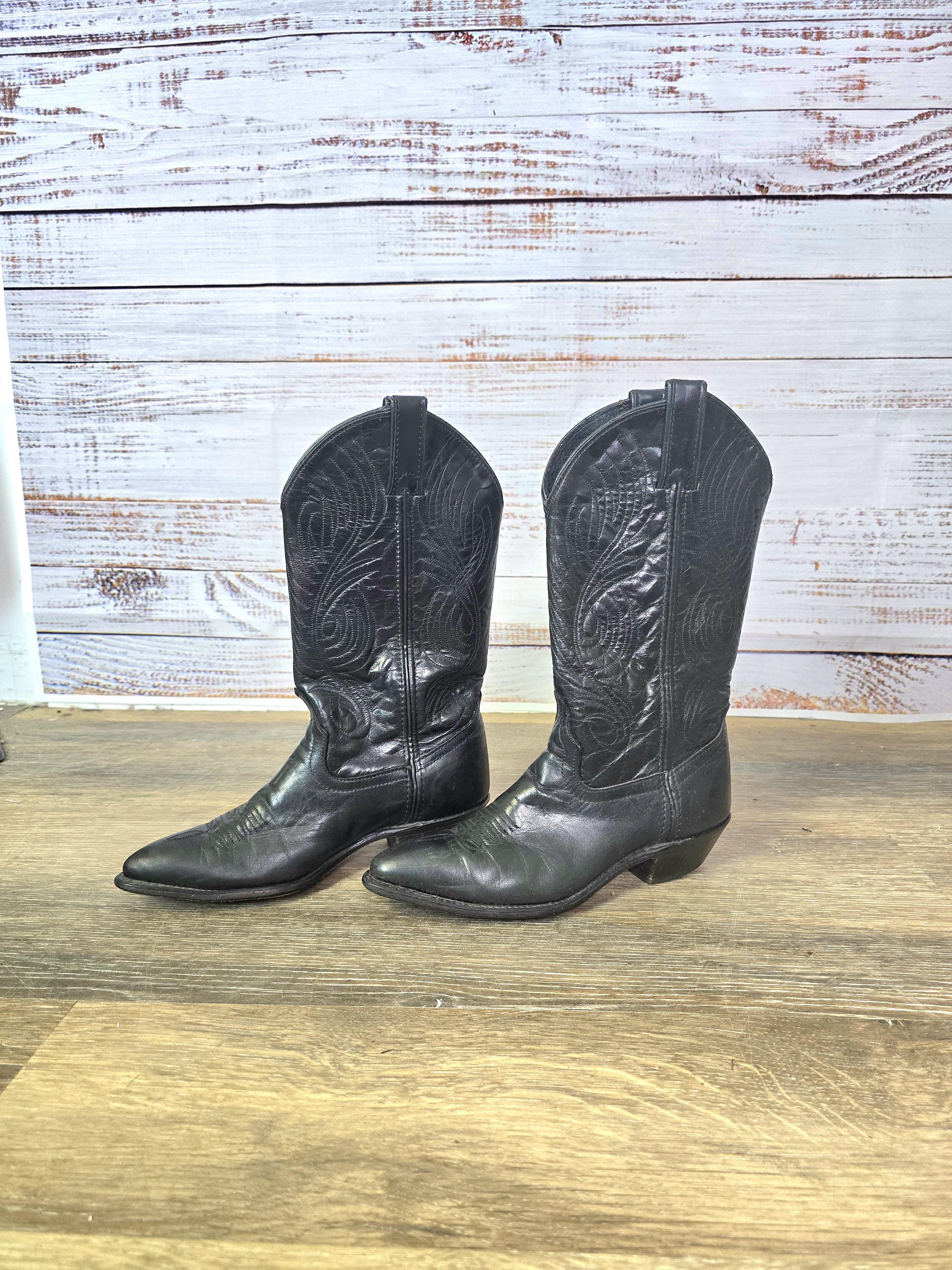 Vtg 80s Code West Black Leather Cowboy Boots Size 6 M Coastal Goth