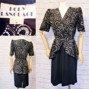 80s does 40s Dress Black Silver Glitter pencil skirt peplum shoulder pads size medium