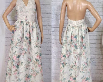 70s Halter Maxi Dress Upcycled Cabbage Rose Floral Hippie Sax Sundress