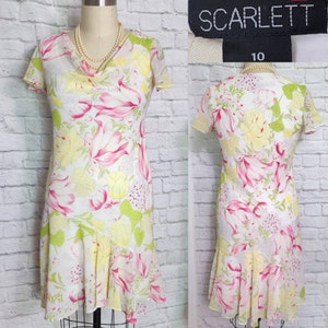 90s/Y2K Slip Dress: Spring/Summer Wedding Guest, White, Pink, Green Floral, Bias Cut, 1920s Gatsby, Drop Waist, Flutter Sleeve