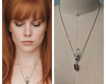Silver Practically Magic Crystal Quartz Pendant Necklace, Witchy Whimsigoth Tigers eye, rose