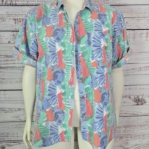 80s Plus size camp Shirt, cotton button front, short Sleeves abstract blue green coral Multi Color Safari size 22 vintage retro blouse