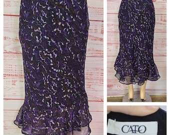 Y2K 90s Chiffon Bias Cut flared midi Skirt black Purple floral, whimsigoth witchy vibes