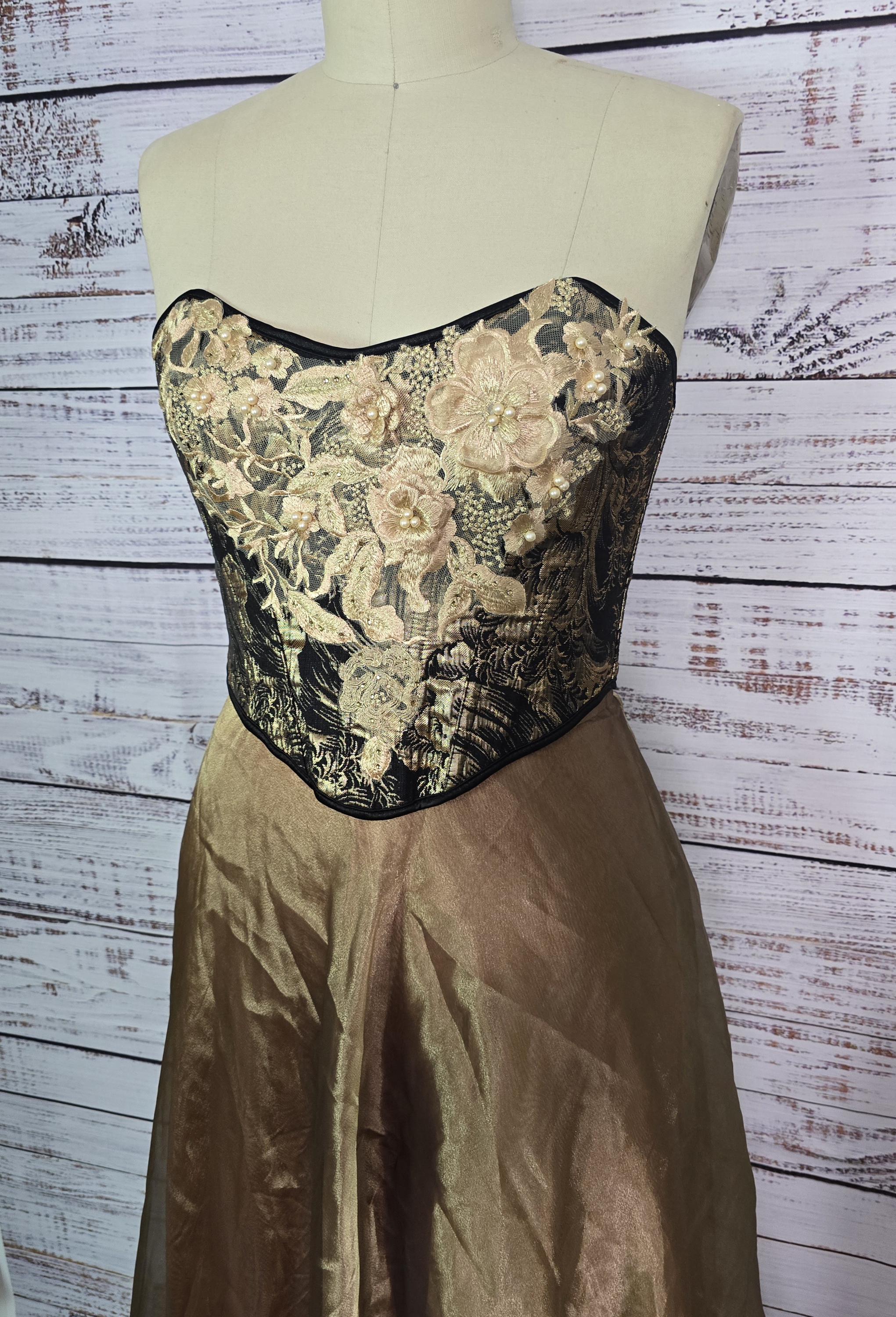 black and gold corset prom dress Luuvis Sparkly A Line Strapless Black Corset Prom Dress with Ruffles main image 1