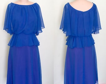 Size S/M 1970s Vintage Disco- Royal Blue 70s does 50s Party Chiffon Holiday Wedding Guest Size S Small w27
