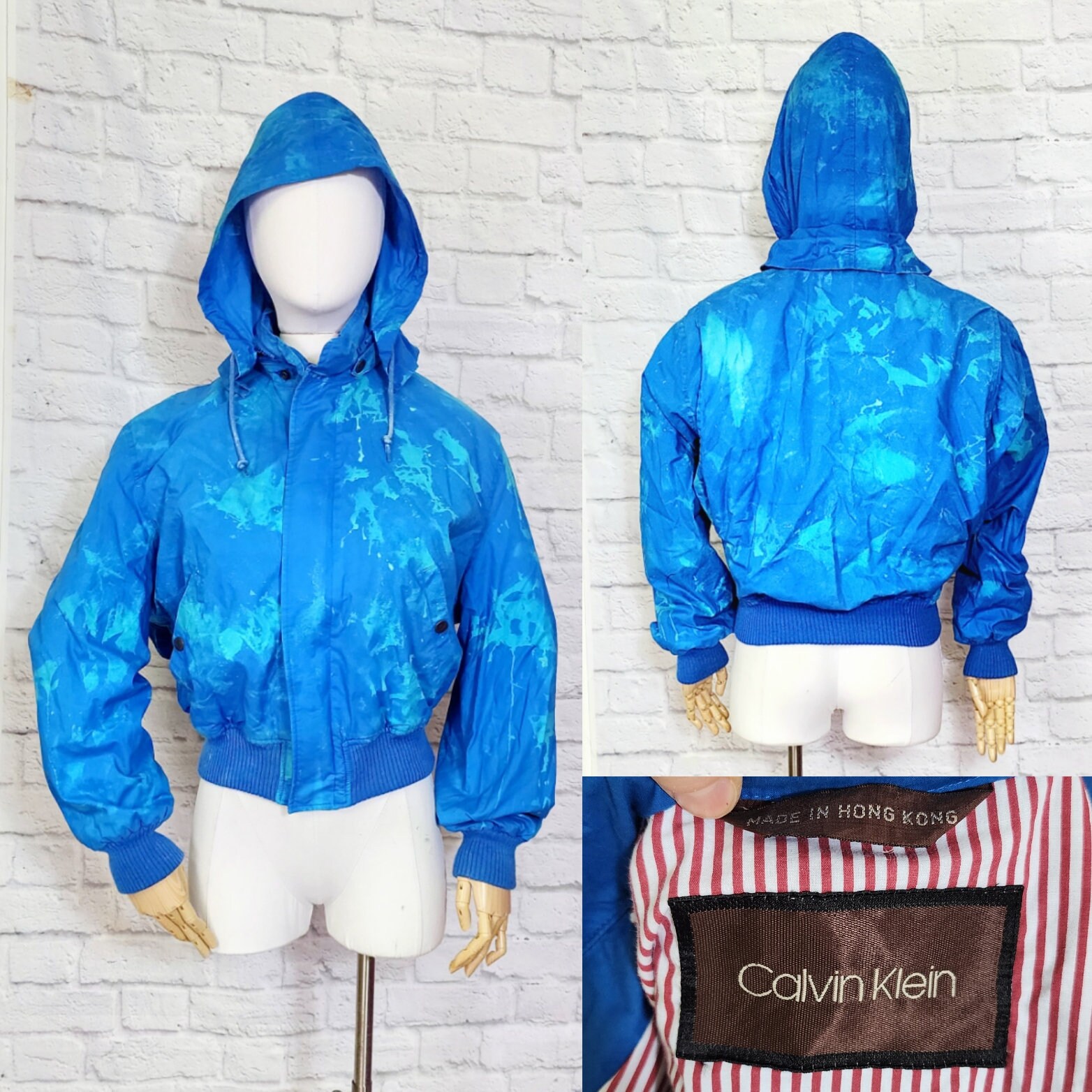 80s/90s Electric Blue Tie Dye Bomber Jacket, Calvin Klein, Cotton 