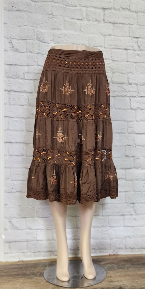 Y2K 90s Skirt, brown beaded flared maxi ruffle ti… - image 4