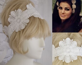 Handmade Hippie Headband Boho Large Flower lace, 60s Priscilla vibes white