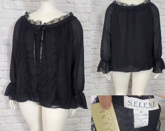 2XL 90s Black Crepe blouse lace ruffle trim Peasant Pirate whimsigoth vintage retro blouse