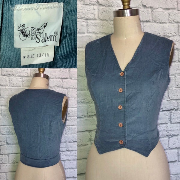 70s Waistcoat vest Dusty Blue mini corduroy Autumn Light Academia Meanswear Style Fitted Collar V neck Fitted Size Medium Large