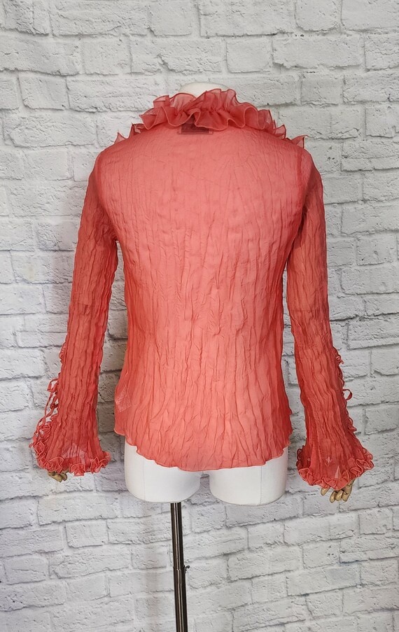 Coral Y2K Crinkle Ruffle Chiffon Blouse tie bell … - image 4