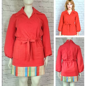 70s Dress Coral Red Aline Mini long baloon sleeves Disco collar draw string waist stripe hem size L/XL