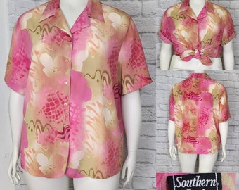 90s Plus Size Hot Pink Hawaiian abstract Pineapple Shirt Blouse floral Short Sleeves vintage retro blouse