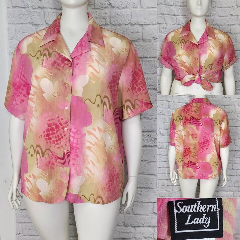 90s Plus Size Hot Pink Hawaiian abstract Pineapple Shirt Blouse floral Short Sleeves vintage retro blouse image 1