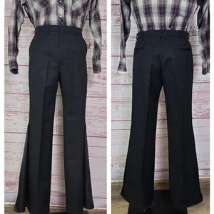 70s Black flared trouser Pants Disco Mens vintage, Satin Flares Upcycled 36x34