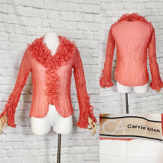 Coral Y2K Crinkle Ruffle Chiffon Blouse tie bell … - image 1