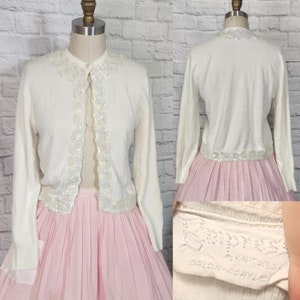 1950s Sequin Cardigan Sweater, Off White Crop, Long sleeve, open front, Sparkly fancy, Fitted Pinup, Empress Knitwear rockabilly