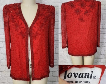 80s 90s Red Silk Evening Jacket cropped Beaded Top Bow Windowpane Sequin Rhinestones  Sparkle Glam Christmas Holiday