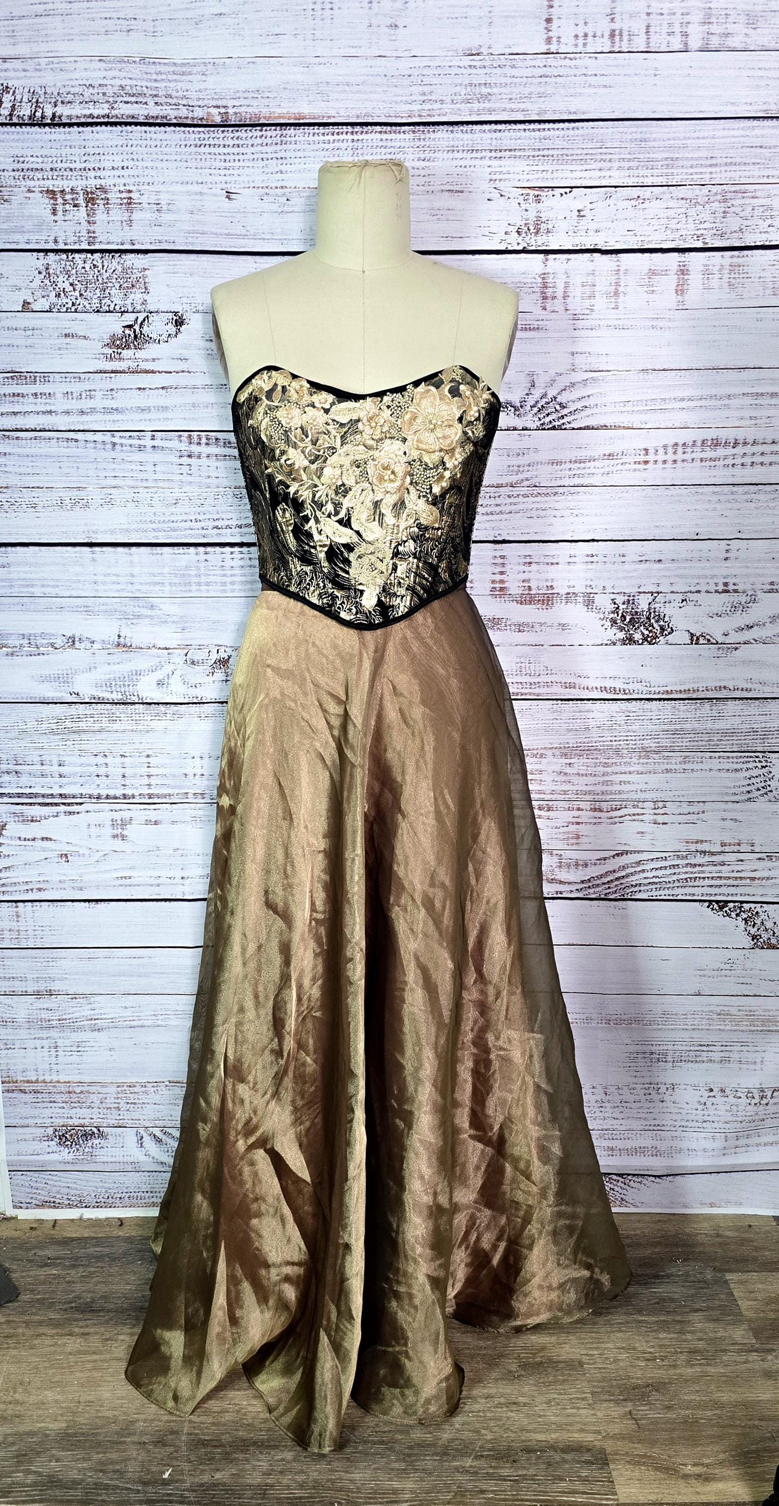 Strapless Corset Dress Black Gold Prom Formal 2pc Brocade Organza Size M -  Etsy