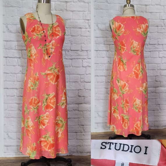 90s Y2K Bias Cut Slip Dress Hot Coral Pink Orange Floral Maxi Shift Length  M 8 -  Canada