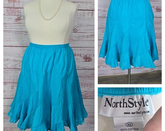 Y2K flowy Cotton Gauze Skirt Festival Elastic Waist aqua blue summer vacation vibes