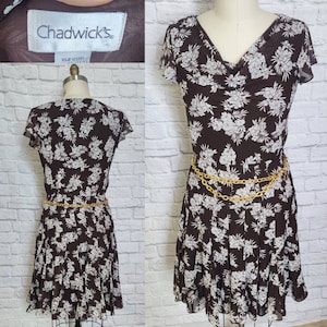 Size L 2pc Set Y2K 00’s brown white Floral Print 2pc Top Skirt godet flared skirt