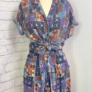 Hilo Hattie blouse Shorts Set Luxury Loungewear Patchwork Print Button down 80s 1980s 1990s 90s size small Blue vintage retro blouse