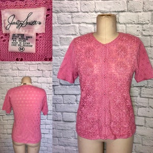 1990s Spring Sweater Cardigan Boxy layered knit lace bodice size large Rose Pink cottagecore grandmacore