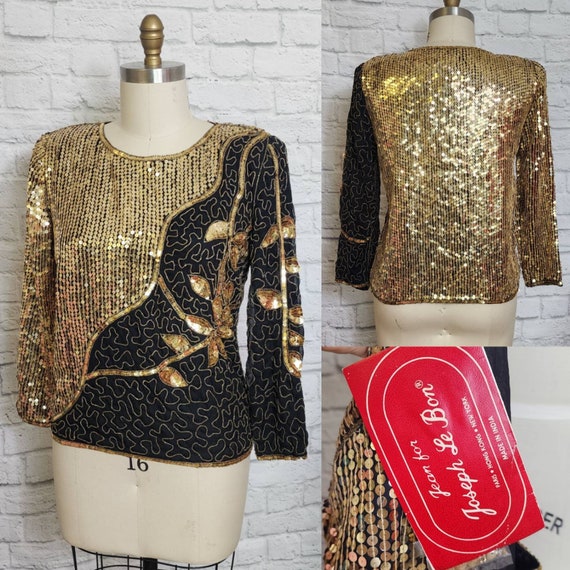 80s Silk Blouse, Beaded Sequin Shirt, embellished… - image 1