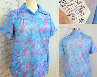 70s/80s Button front shirt Blouse Short Sleeves Plus Size Pink Blue Purple floral Pockets