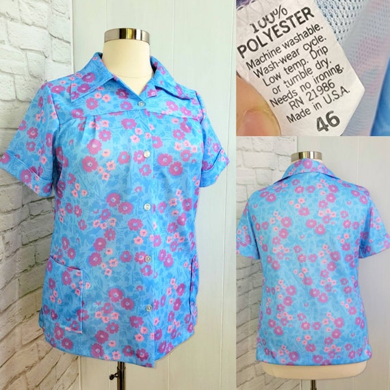 70s/80s Button front shirt Blouse Short Sleeves P… - image 1