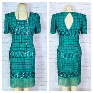 Vestido de los años 80 con cuentas verde Vestido de lentejuelas por todas partes de seda - Vestido de cóctel navideño talla M