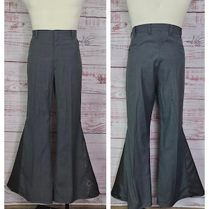 70s Gray flared trouser Pants Disco Mens vintage, Satin Flares Upcycled 40x32 bellbottoms