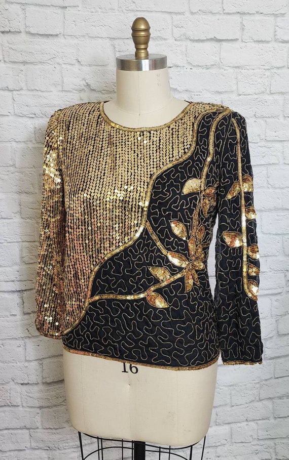 80s Silk Blouse, Beaded Sequin Shirt, embellished… - image 4