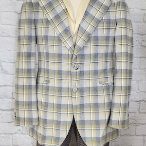 Mens 70s Disco Blazer Suit Jacket Menswear Large collar Yellow Blue Plaid polyester